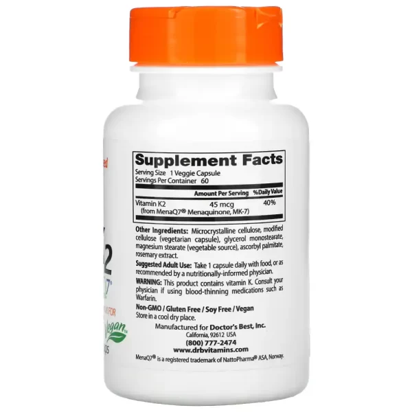 Doctor's Best Natural Vitamin K2 MK-7 with MenaQ7, 45 mcg - 60 Veggie Caps - Image 2
