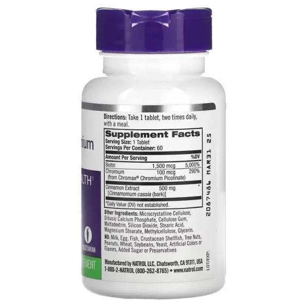Natrol Cinnamon, Chromium & Biotin - 60 Tablets - Image 3